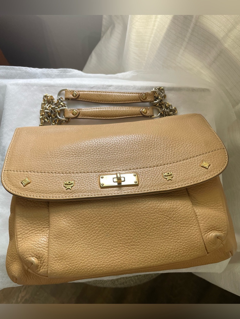 MCM Tan Leather Chain Shoulder Bag